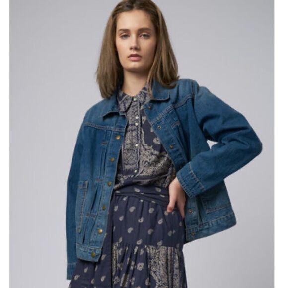 The Great. THE BUCK JACKET BLUE GRASS Size 3/ Large Blue Denim - Picture 9 of 14